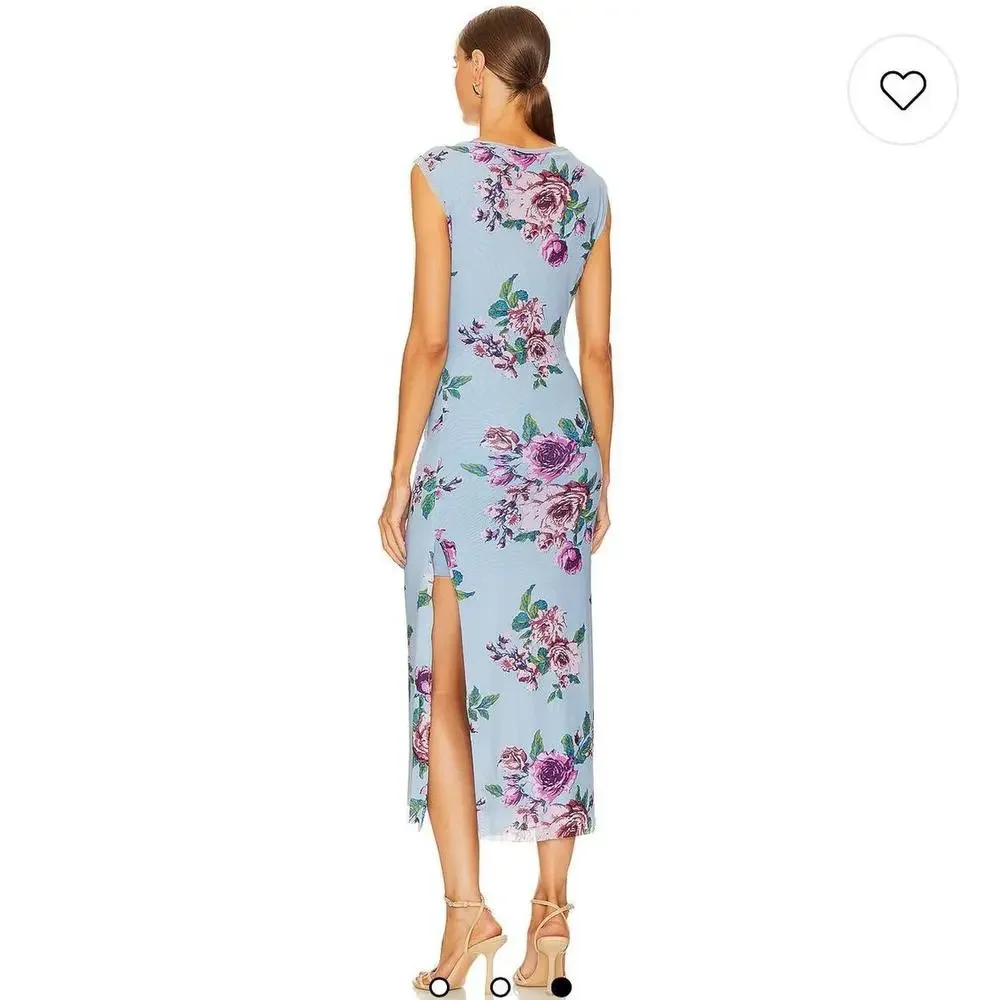 Free People Light Blue Floral Sleeveless Maxi Dress with Purple Roses